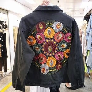 New Boho Embroidered Black Denim Jacket Coat